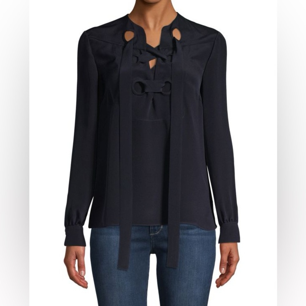 ❤️NWOT DEREK LAM 10 CROSBY Sara Lace-Up Silk Blouse Black Size 2 Women’s